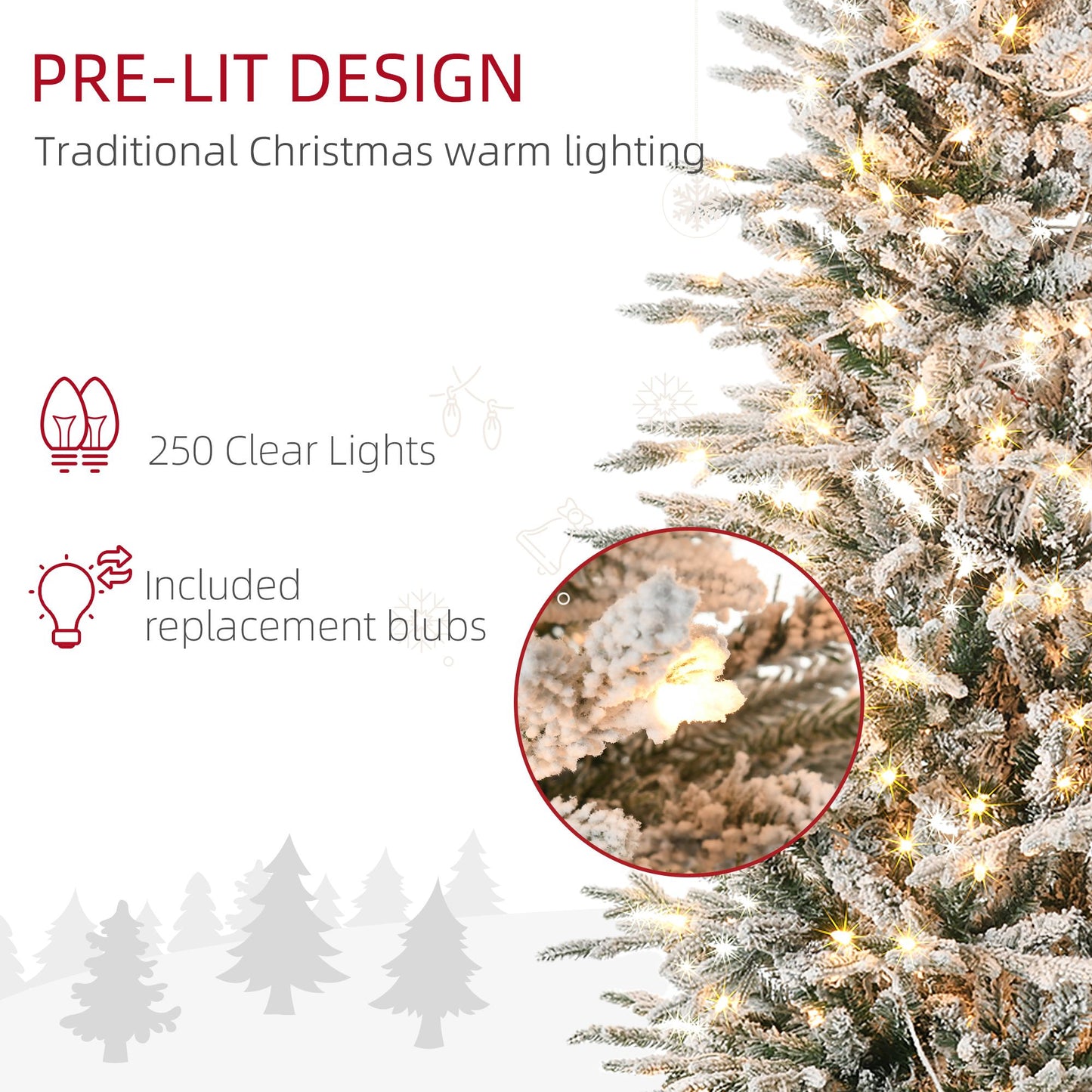 6ft Pre-Lit Snow Flocked Christmas Tree – 636 Branches, 250 Warm Yellow Lights, Auto Open Design for Holiday Decor 2024