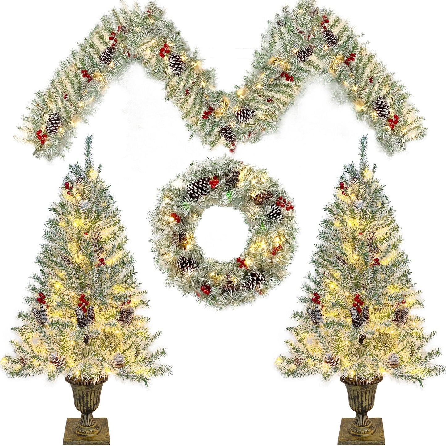 4-Piece Pre-Lit Christmas Tree Set with Realistic Garland, Wreath, and Entrance Trees for Festive Holiday Decor 2024