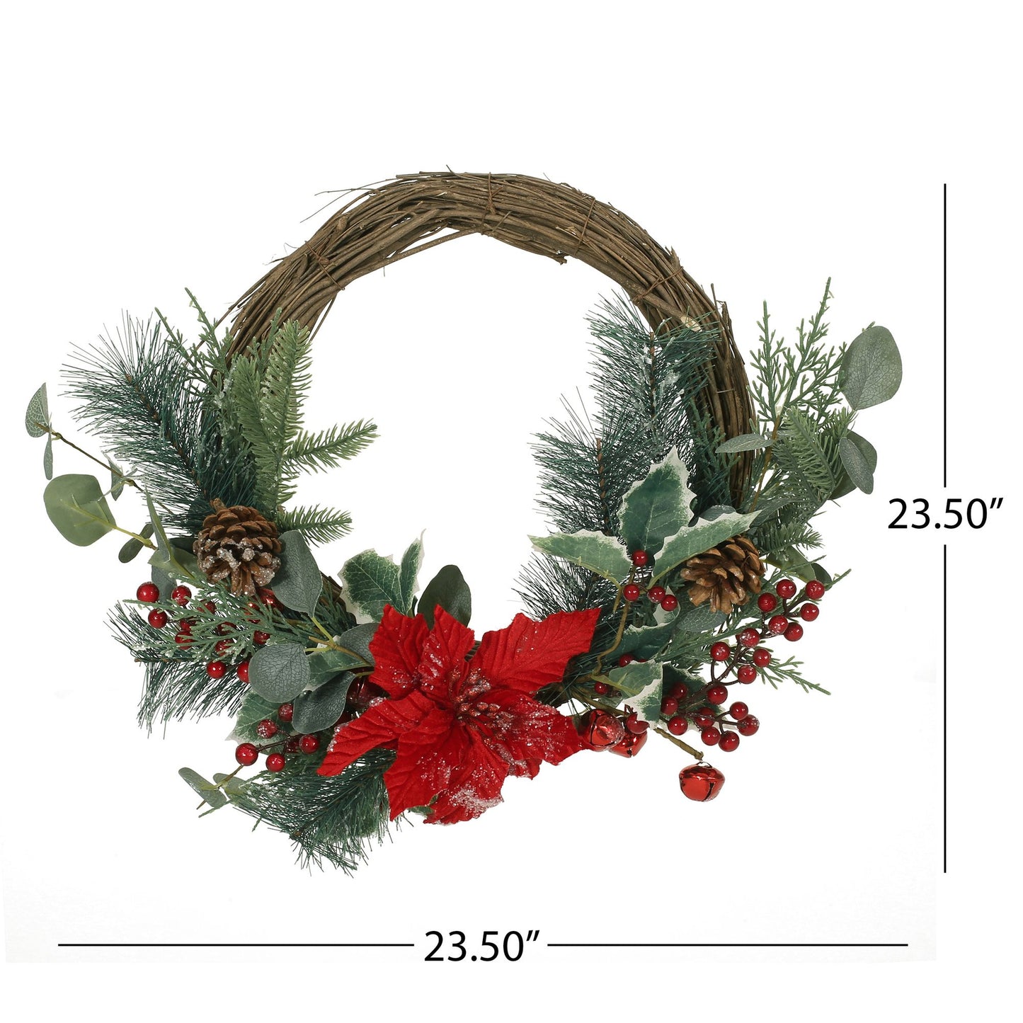 23.5-inch Poinsettia & Eucalyptus Holiday Wreath – Vibrant Red Berries, Perfect for Front Door, Christmas Decor 2024