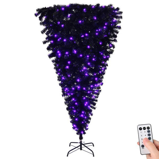 6 FT Pre-Lit Black Upside Down Christmas Tree with Purple Lights & Halloween Ornaments – Unique Holiday Decor for Spooky Festivities 2024