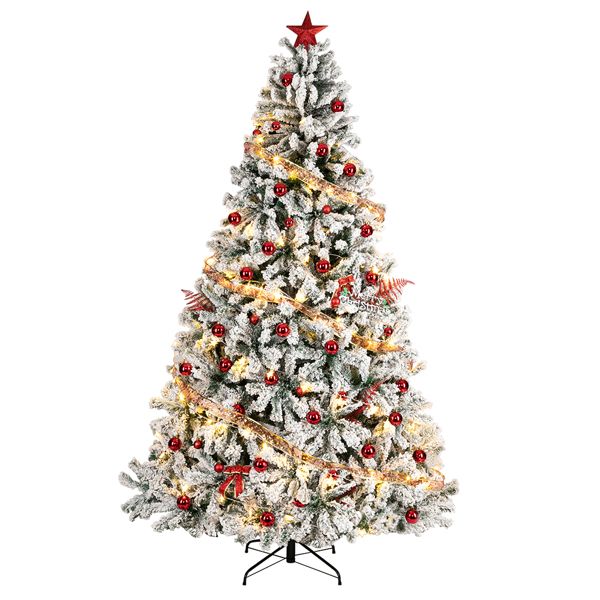 7.5 ft Pre-Lit Green Flocked Christmas Tree with 1450 Branches and Warm LED Lights - Perfect Holiday Decor for Christmas 2024