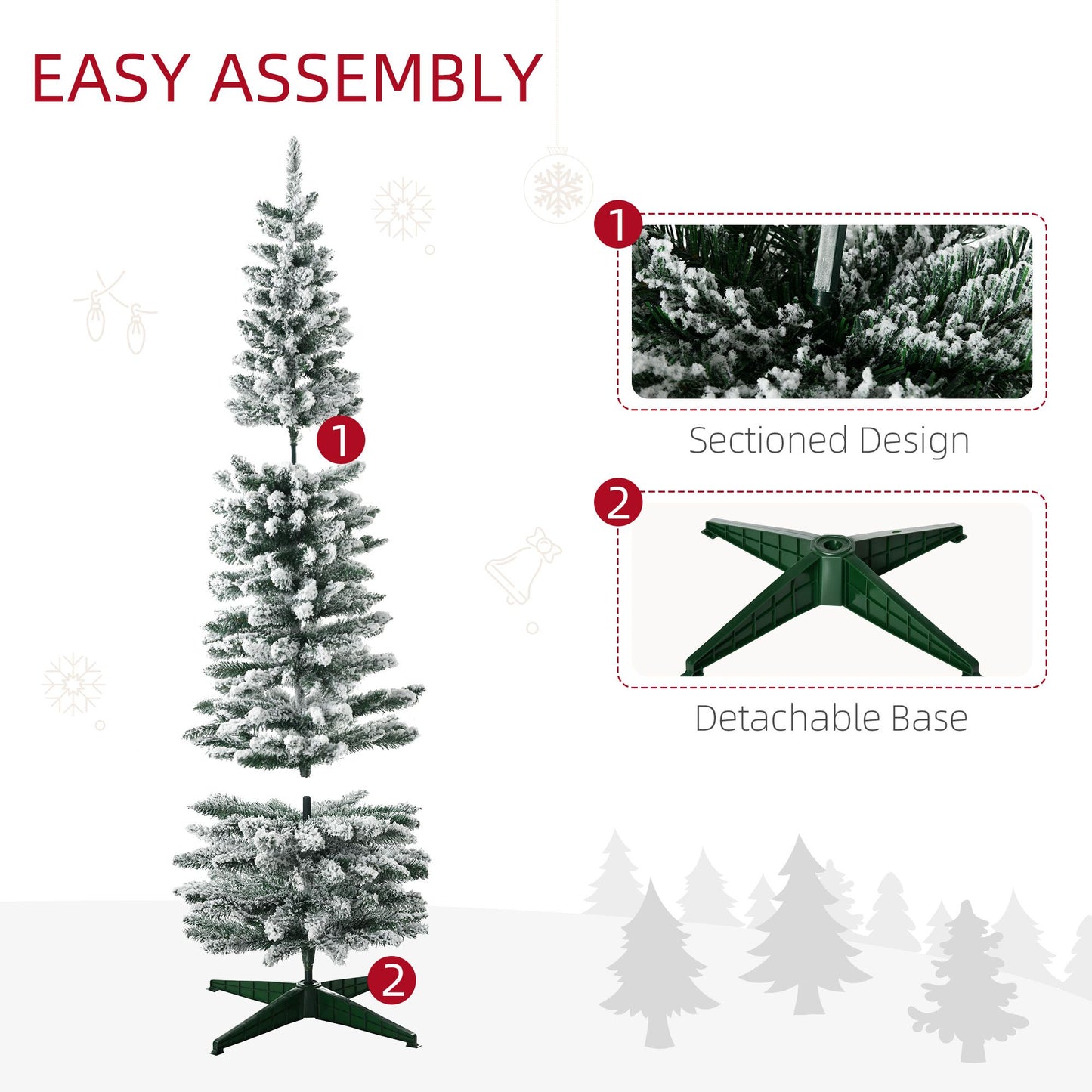 9 Foot Slim Snow-Flocked Pencil Christmas Tree with Realistic Pine Branches, Pine Cones, and Red Berries – Perfect Holiday Decor for Christmas 2024