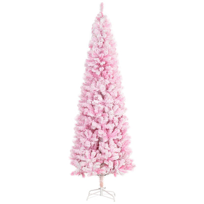 7.5 ft Slim Pencil Pink Christmas Tree – Snow-Flocked Artificial Tree with Realistic Branches for Festive Holiday Decor 2024