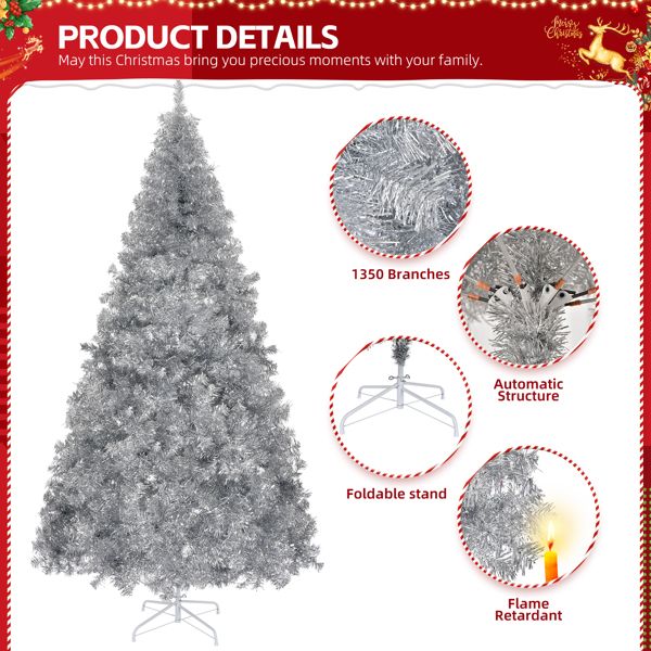 8 FT Silver Unlit Christmas Pine Tree – Lush Hinged Design with 1350 Branch Tips, Ideal Holiday Decor for Homes 2024