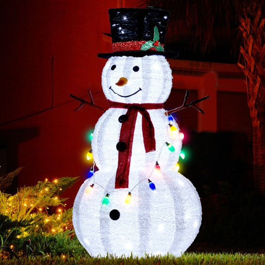 4FT LED Lighted Snowman Decoration – Plush Winter Wonderland Character with 100 White Lights & Multicolor String, Indoor/Outdoor Christmas Decor 2024