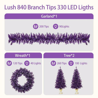 4 ft Pre-Lit Purple Christmas Tree Set with Wreath, Garland & Entrance Trees – LED Holiday Decor for Festive Celebrations 2024