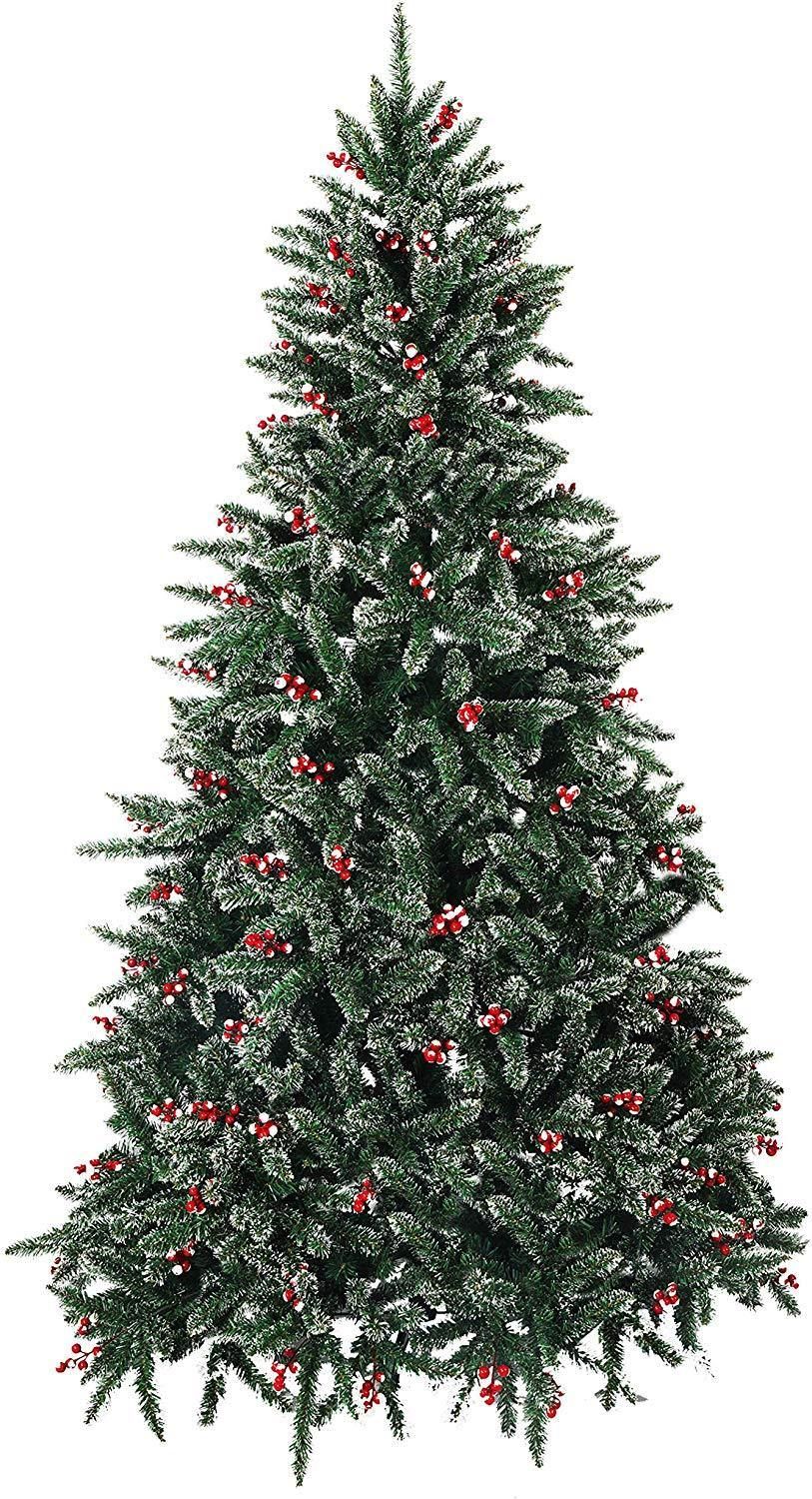 7 ft Snow-Flocked Artificial Christmas Tree with 1390 Tips and Red Cherry Decor for Festive Indoor and Outdoor Holiday 2024