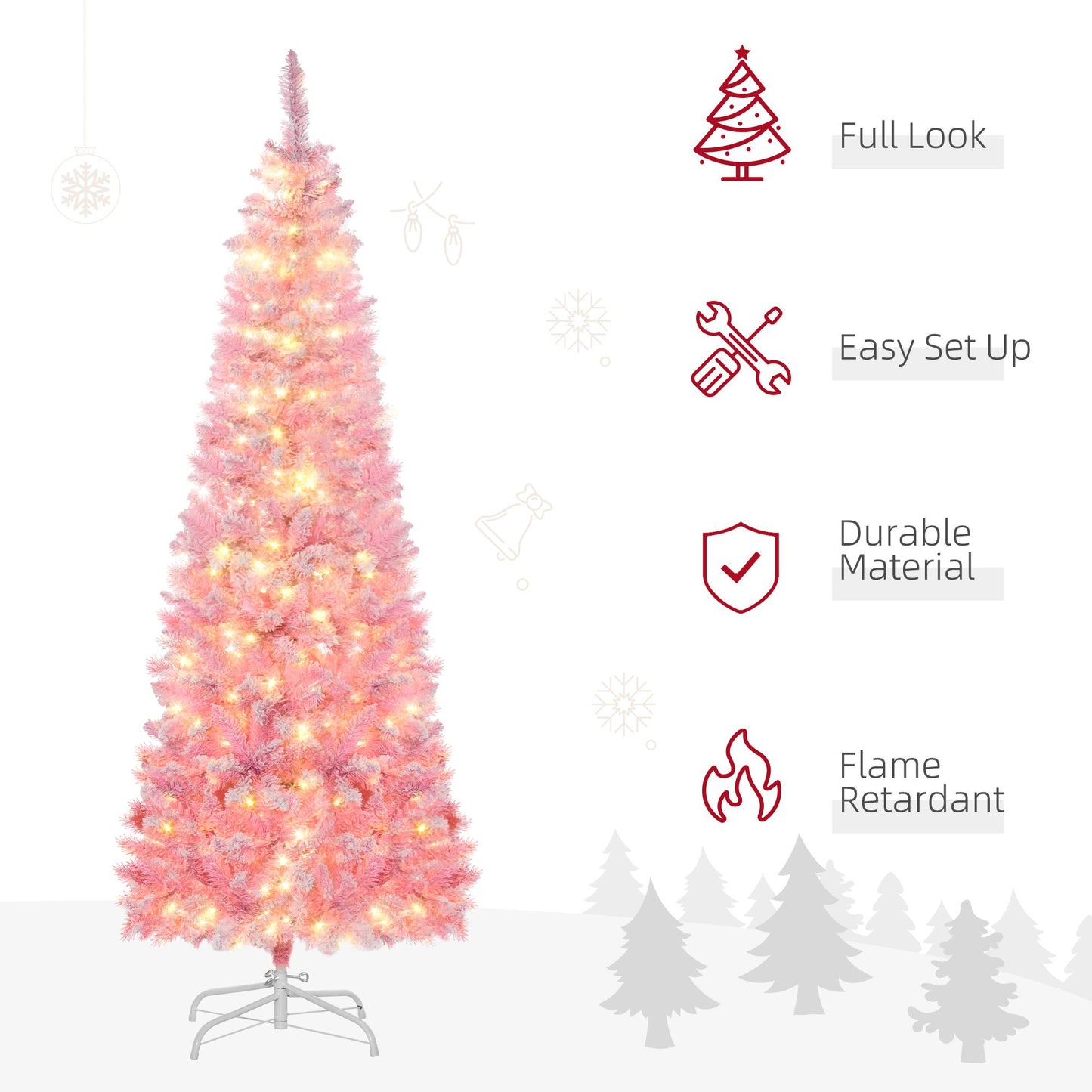 6 ft Pre-Lit Snow-Flocked Pencil Christmas Tree – Realistic Pink & White Design with Warm LED Lights, Perfect Holiday Decor for 2024