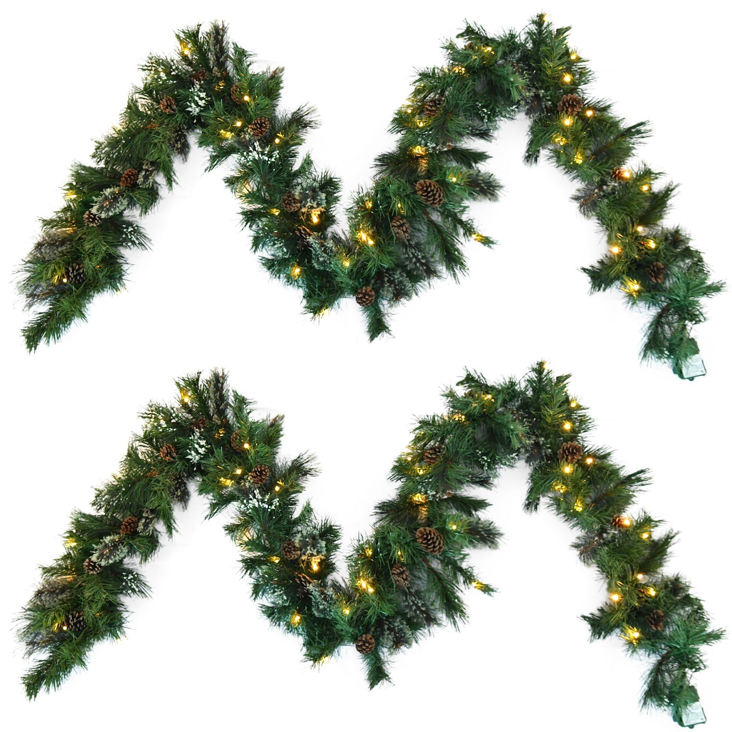 Set of 2 9"x10" Cashmere & Snow Bristle Christmas Garland with 20 Pine Cones and 50 Warm White LED Lights - Timer & Battery Operated for Outdoor Use, 160 Tips