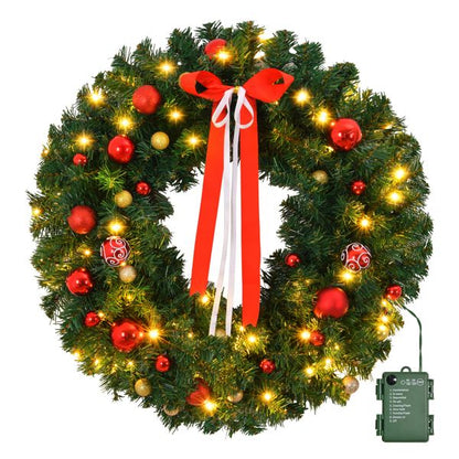 Pre-lit 24-inch Christmas Wreath - Battery-Powered with Warm LED Lights & DIY Ornaments, Perfect for Front Door, Holiday Decor 2024