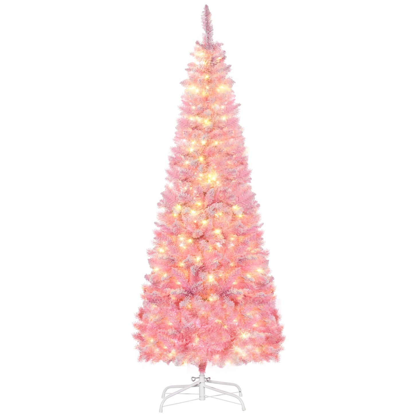 6 ft Snow-Flocked Pink Pencil Christmas Tree – Pre-Lit with Warm White LED Lights, Perfect for Festive Home Decor 2024