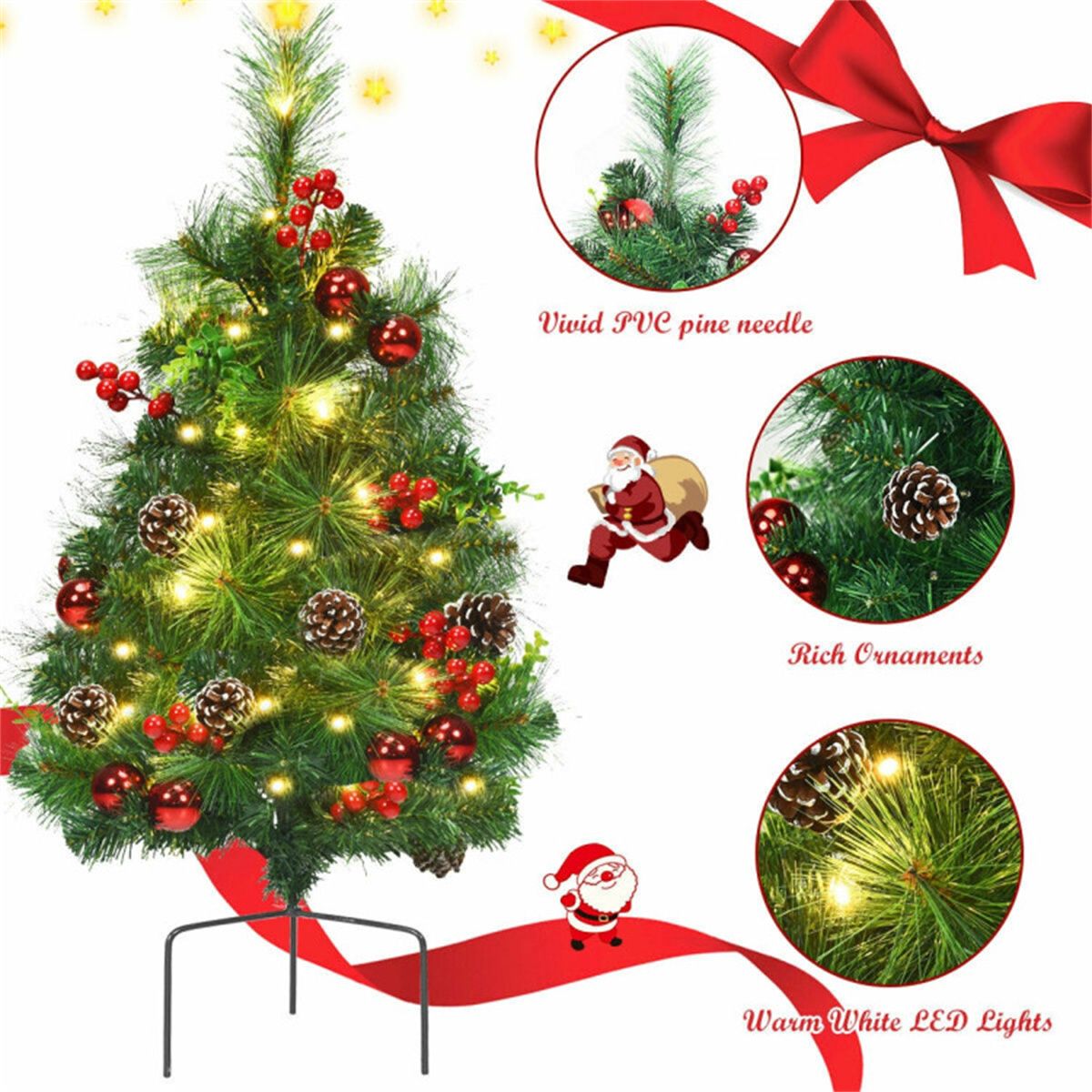 2 ft Pre-Lit Mini Christmas Trees with LED Lights – Realistic Pine Decor with Pinecones & Red Balls, Perfect for Holiday 2024