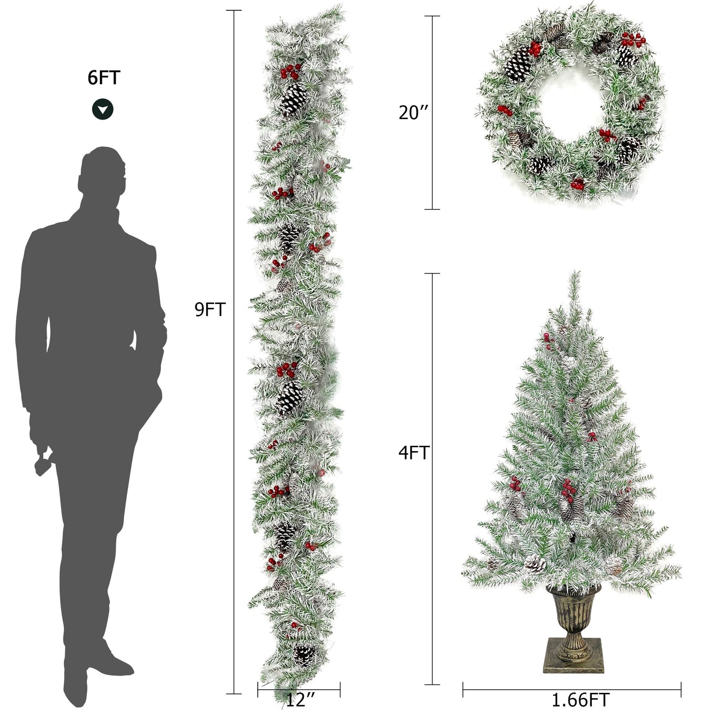 Pre-lit Artificial Christmas 4-Piece Set,Garland, Wreath and Set of 2 Entrance Trees