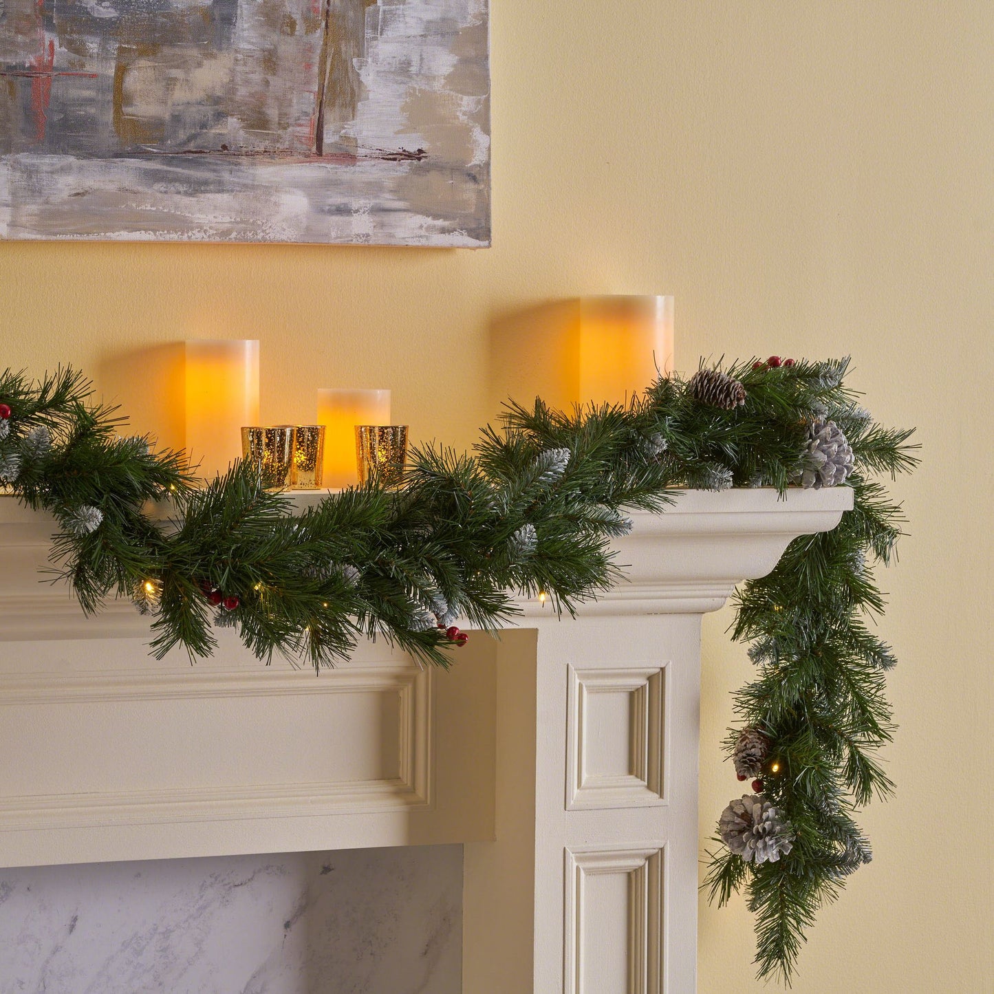 Set of 2 Frosted Christmas Garlands with Pine Cones, Red Berries, and 50 LED Lights with Timer - Battery Operated, 200 Tips