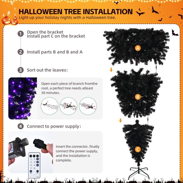 6 FT Pre-Lit Black Upside Down Christmas Tree with Purple Lights & Halloween Ornaments – Unique Holiday Decor for Spooky Festivities 2024