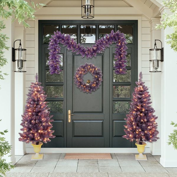 4 ft Pre-Lit Purple Christmas Tree Set with Wreath, Garland & Entrance Trees – LED Holiday Decor for Festive Celebrations 2024