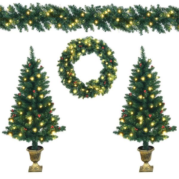 4-Piece Pre-Lit Christmas Decoration Set with Wreath, Garland, and Entrance Trees for Festive Holiday Decor 2024