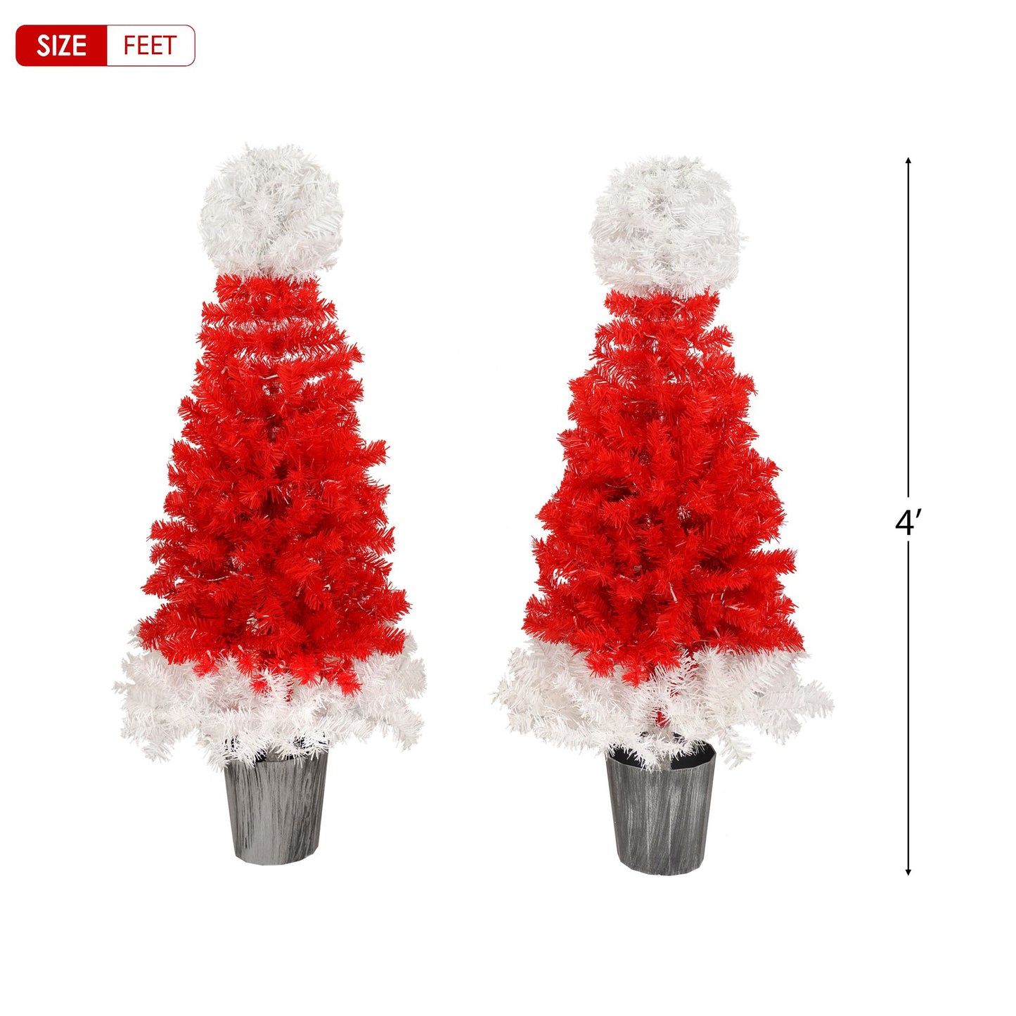 Set of 2 Light-Up Santa Hat Inspired 4ft Christmas Trees with Warm White LED Lights for Indoor and Outdoor Decor