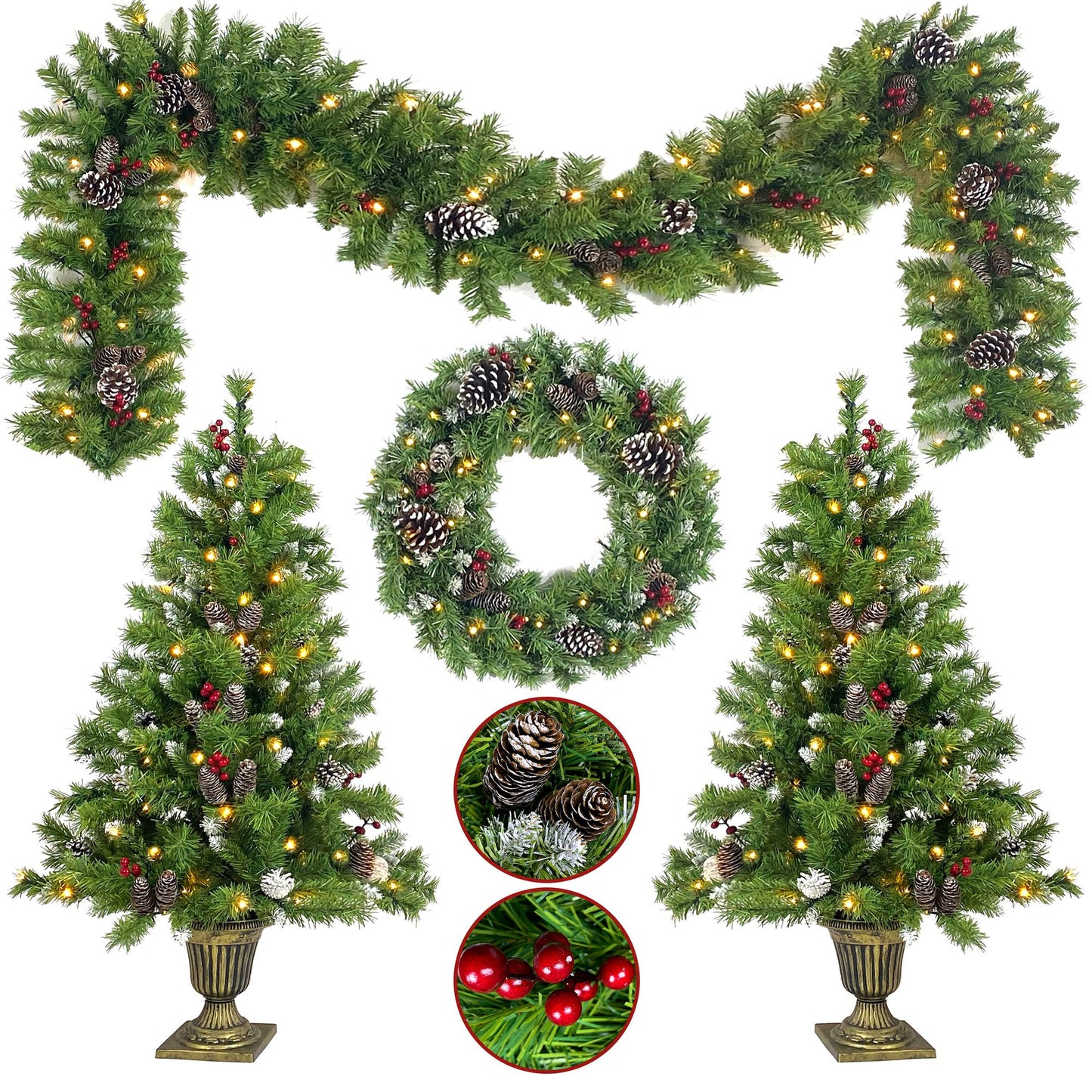 4-Piece Pre-Lit Christmas Tree Set with Realistic Garland, Wreath, and Entrance Trees for Festive Holiday Decor 2024