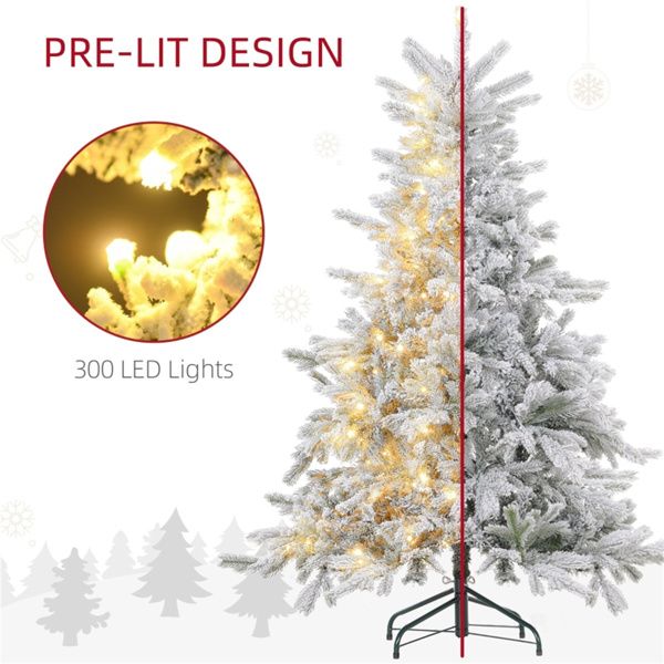 6ft Snow-Flocked Pre-Lit Christmas Tree with Warm White LED Lights – Realistic Holiday Decor for Home 2024