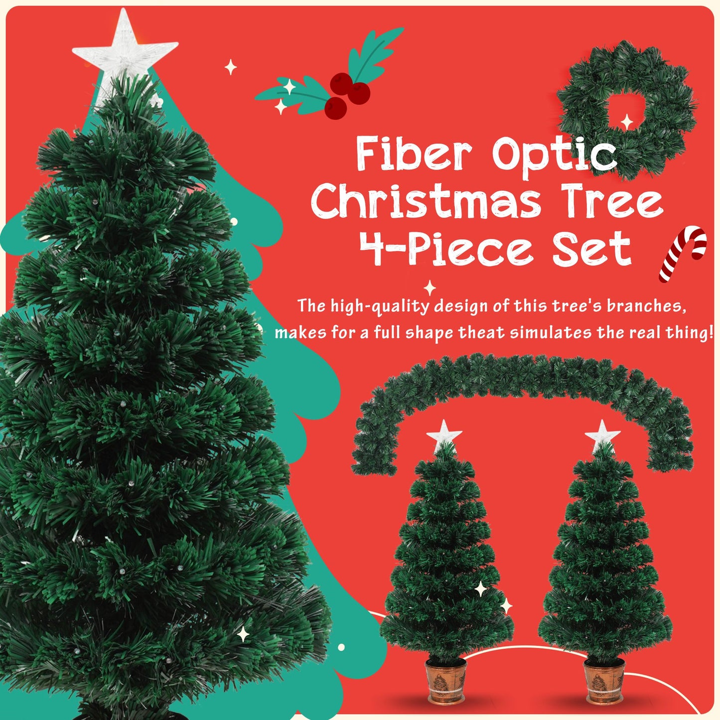 4-Piece Pre-Lit Fiber Optic Christmas Tree Set with Colorful LED Lights – Includes Entrance Trees, Wreath & Garland for Festive Home Decor 2024