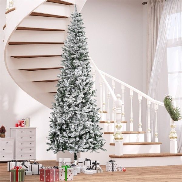 9 ft Snow-Flocked Artificial Christmas Pencil Tree – Realistic Holiday Decor for Home & Office 2024