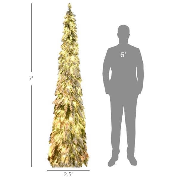 7 ft Slim Snow-Flocked Christmas Tree – Pre-Lit with 350 LED Lights, Ideal Holiday Decor for Small Spaces 2024