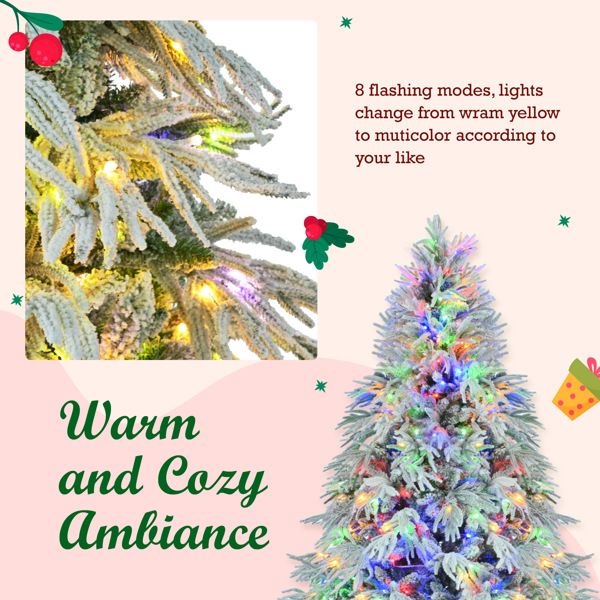 7.5 ft Pre-Lit Snow Flocked Christmas Tree – Artificial Holiday Decor with 350 Multi-Color LED Lights, Ideal for Home & Office Christmas 2024