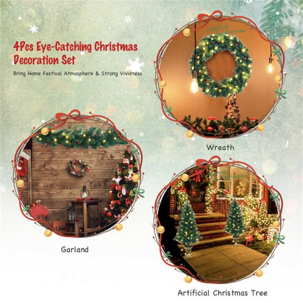 4-Piece Pre-Lit Christmas Decoration Set with Wreath, Garland, and Entrance Trees for Festive Holiday Decor 2024