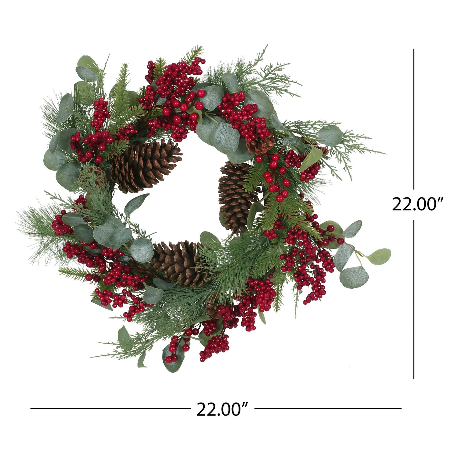 22-inch Eucalyptus & Berry Wreath with Pinecones – Natural Rustic Decor for Front Door, Christmas 2024