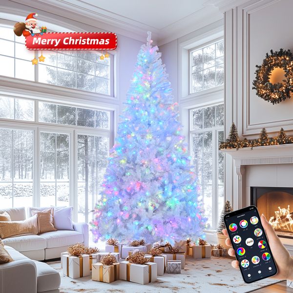 8 FT White Pre-Lit Christmas Tree with 500 RGB Lights – APP Controlled Holiday Decor for Home, Office & Parties 2024