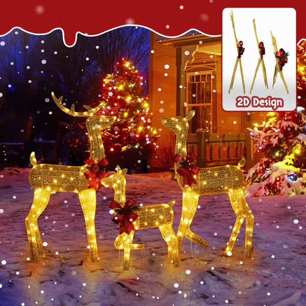 Pre-Lit 3-Piece Lighted Christmas Reindeer Family Set – Weatherproof 2D Outdoor Decor with 200 Warm White LEDs, Holiday Cheer for Christmas 2024