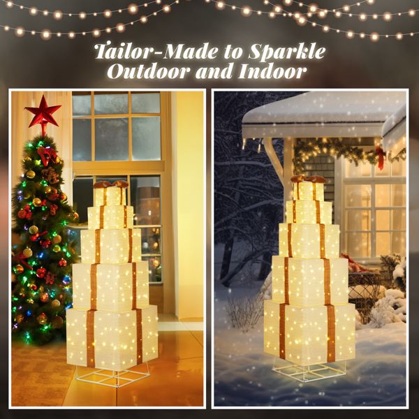 6FT LED Lighted Gift Box Tower – Warm White Glow with Sturdy Weather-Resistant Design for Outdoor/Indoor, Christmas Decor 2024