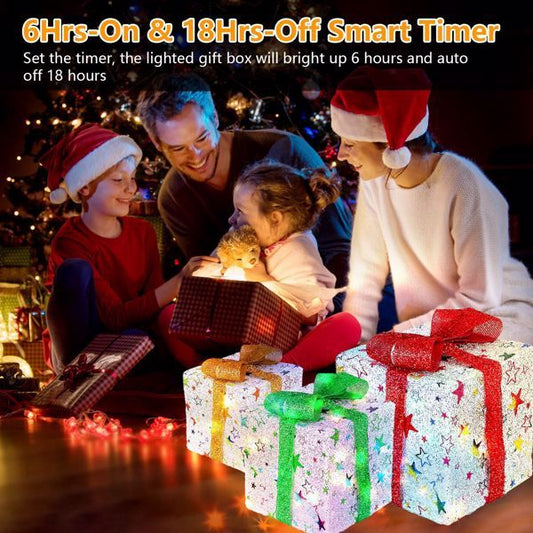 “Set of 3 LED Lighted Christmas Gift Boxes – Waterproof with Remote Control, Indoor/Outdoor Holiday Decor 2024”