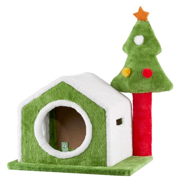 24-inch Plush Christmas Cat Cave – Festive Tree Design, Cozy Bed for Indoor Cats, Holiday Decor 2024