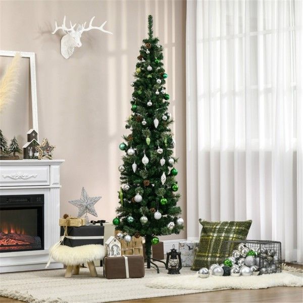 6.5 ft Slim Pencil Christmas Tree with Pine Cones – Lush Green Holiday Decor for Small Spaces, Perfect for Christmas 2024