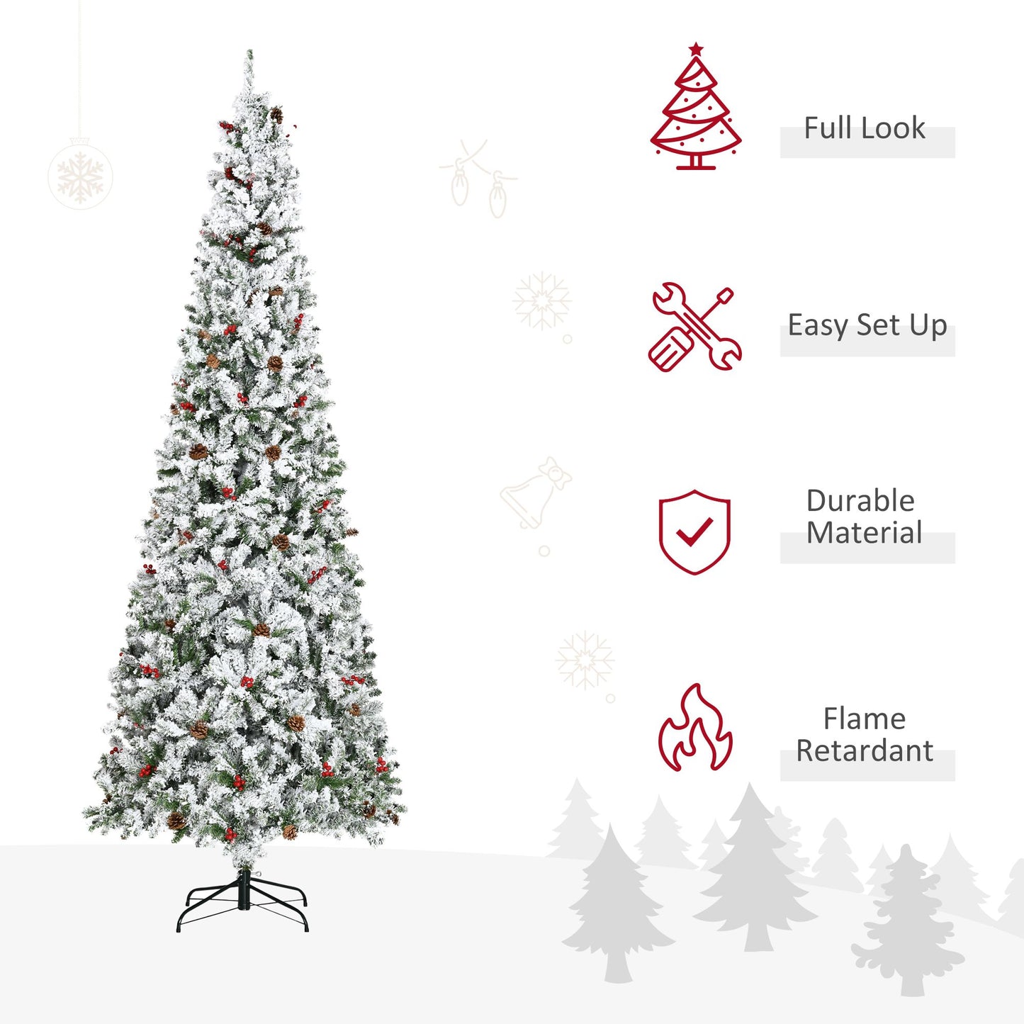 9 Foot Slim Snow-Flocked Pencil Christmas Tree with Realistic Pine Branches, Pine Cones, and Red Berries – Perfect Holiday Decor for Christmas 2024