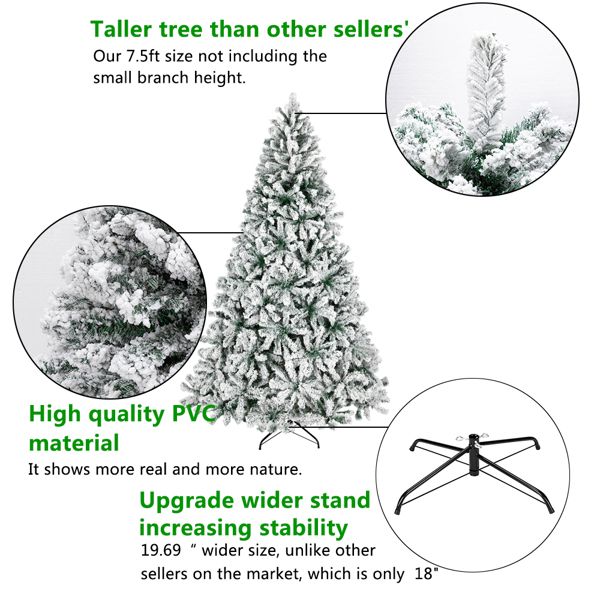 7.5 ft Pre-Lit Green Flocked Christmas Tree with 1450 Branches and Warm LED Lights - Perfect Holiday Decor for Christmas 2024