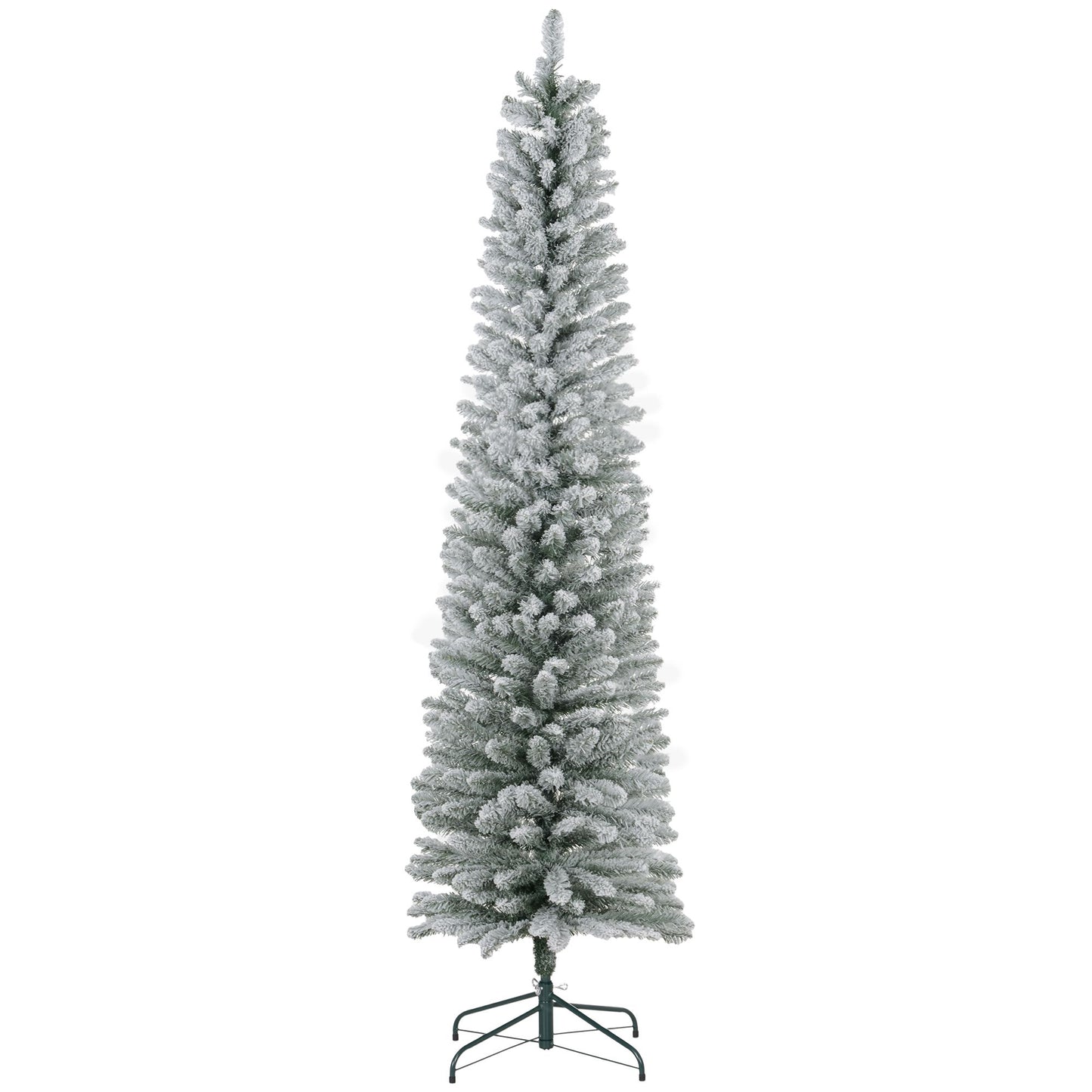 7 ft Snow-Flocked Pencil Christmas Tree with Realistic Tips & Metal Base – Perfect Holiday Decor for Small Spaces 2024