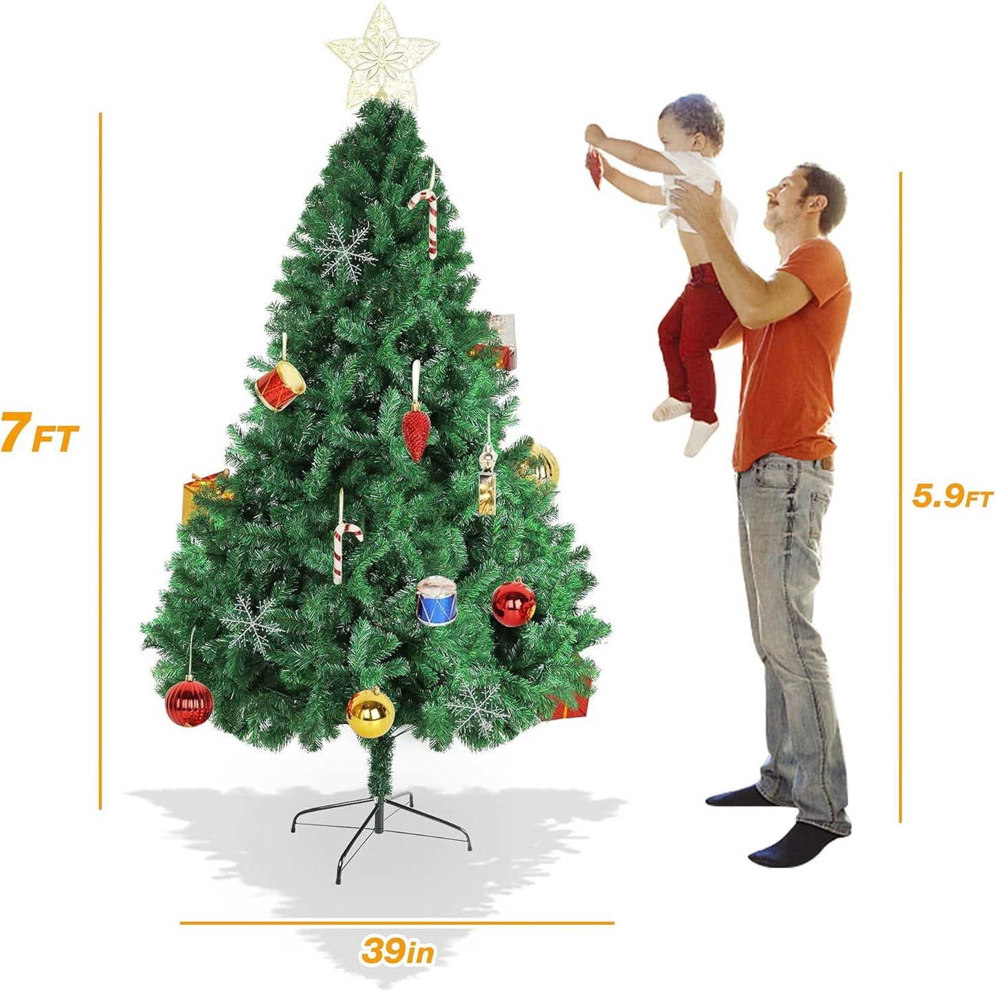 7 ft Upgraded Green Metal Christmas Tree – Realistic Holiday Decor with Decorative Gifts, Perfect for Christmas 2024