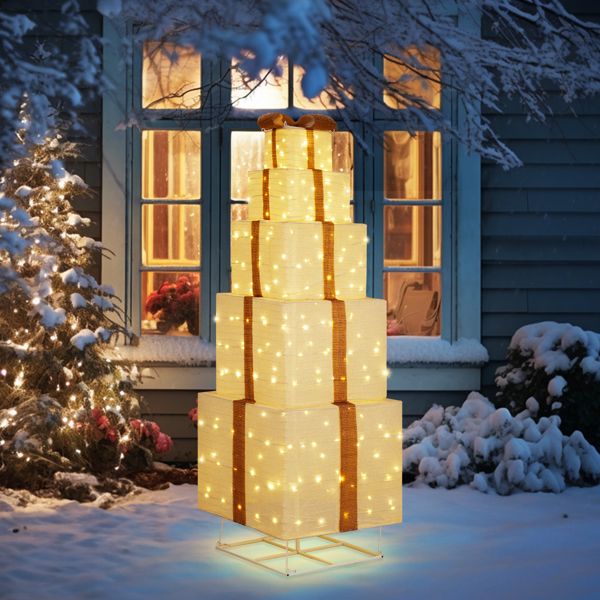 6FT LED Lighted Gift Box Tower – Warm White Glow with Sturdy Weather-Resistant Design for Outdoor/Indoor, Christmas Decor 2024