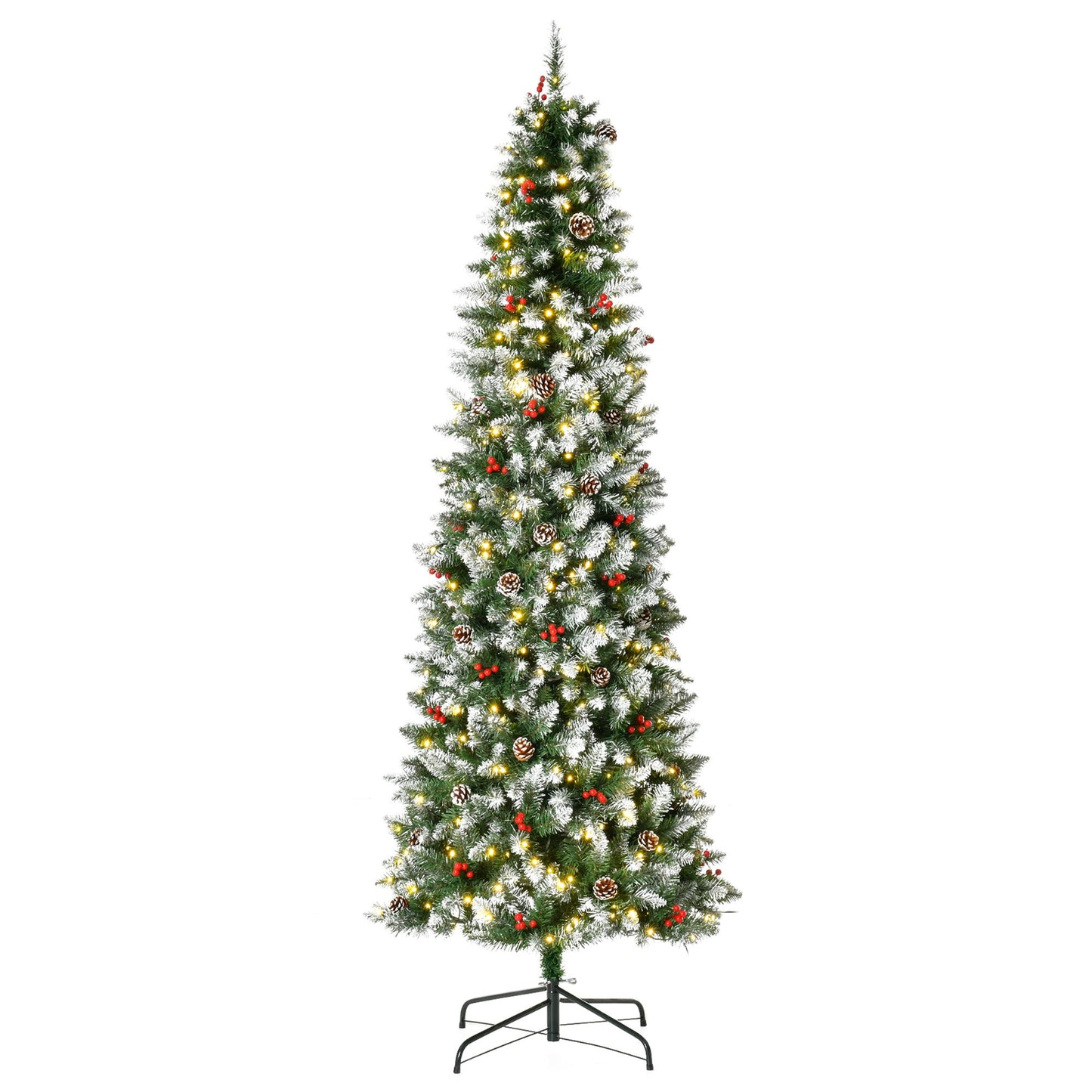 7.5 ft Pre-Lit Snow-Flocked Artificial Christmas Tree with Realistic Branches, 350 LED Lights, Pine Cones & Berries for Holiday Decor 2024