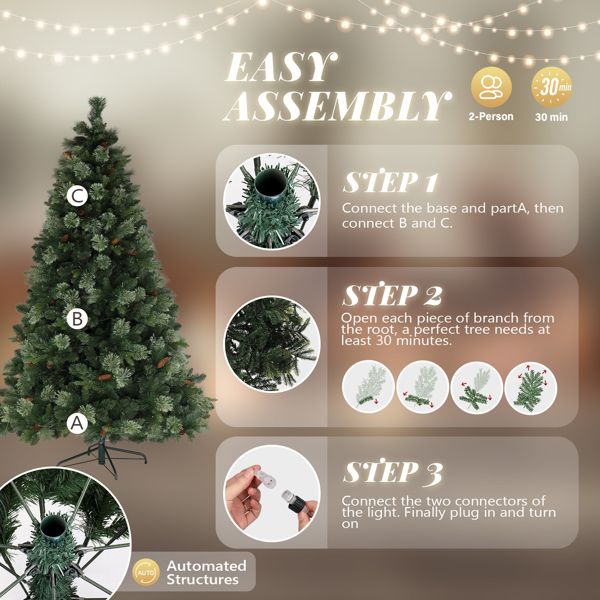 6ft Pre-Lit Green Christmas Tree – Automatic with 500 Warm LED Lights and 900 Realistic Branches, Perfect Holiday Decor for Christmas 2024