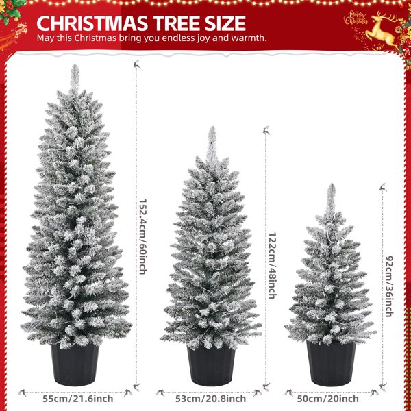 Set of 3 Snow-Flocked Pre-Lit Christmas Trees – 3/4/5 FT with Warm LED Lights, Perfect Holiday Decor for Home & Office 2024