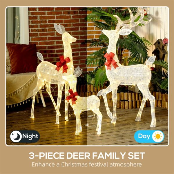 3-Piece LED Lit Reindeer Family Set – Silver with Red Bows, Outdoor Safe Christmas Decoration 2024