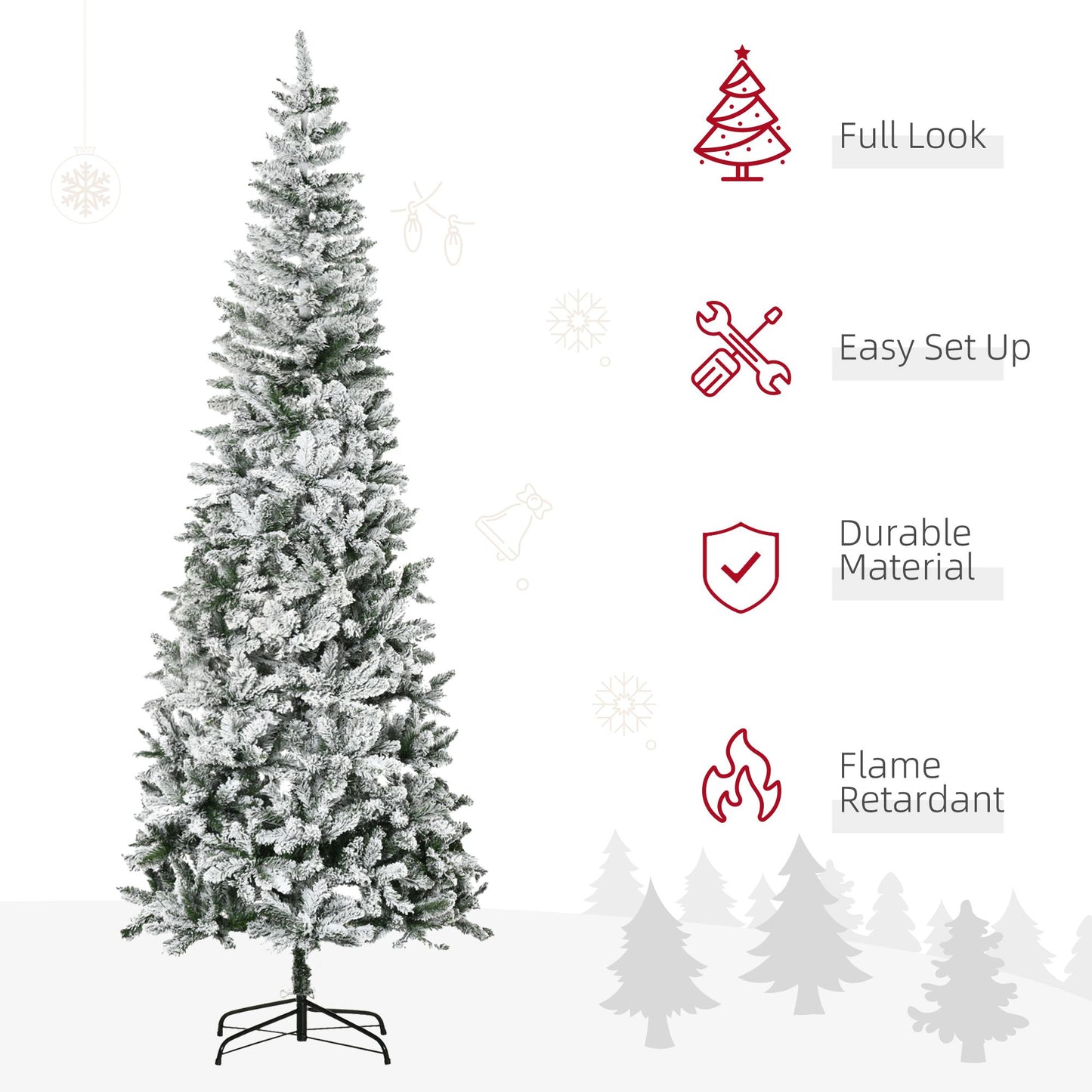 9ft Slim Snow-Flocked Pine Christmas Tree with Realistic Branches and 1084 Tips for Holiday Decor 2024