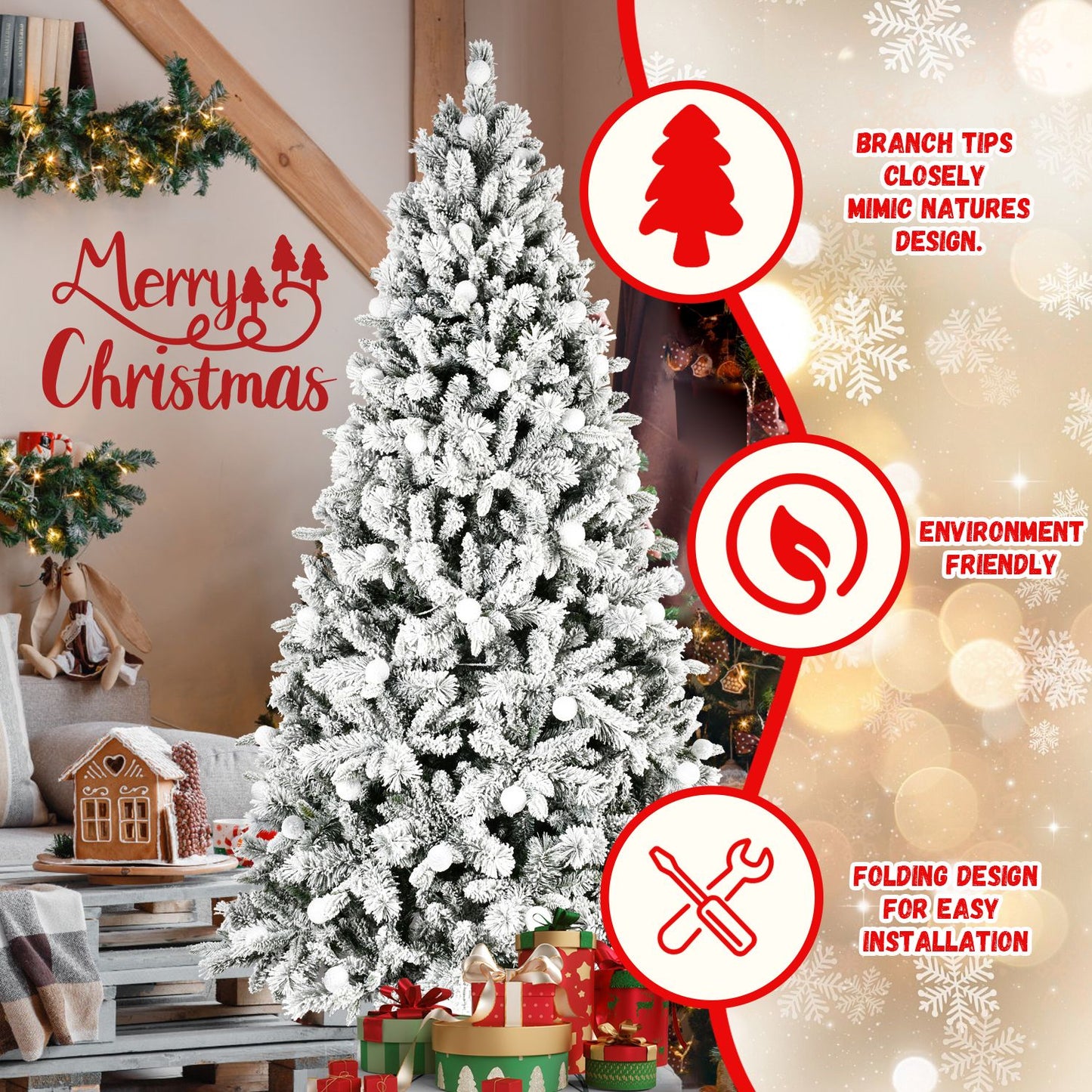 7.5 ft Pre-Lit Snow-Flocked Christmas Tree with 10-Function LED Lights – Vibrant Holiday Decor for Home Celebrations 2024