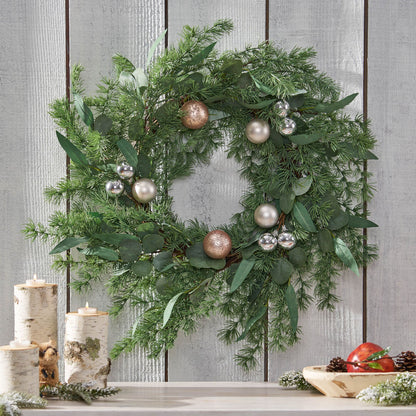 26-inch Pine Needle Wreath with Silver Ornaments – Rustic Farmhouse Style, Indoor/Outdoor Decor, Christmas 2024