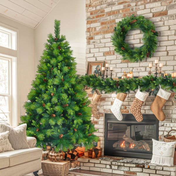 6FT Pre-Lit Green Christmas Tree Set with Garland & Wreath, Artificial Pine with Pine Cones, Hinged Holiday Decor for Home & Office 2024