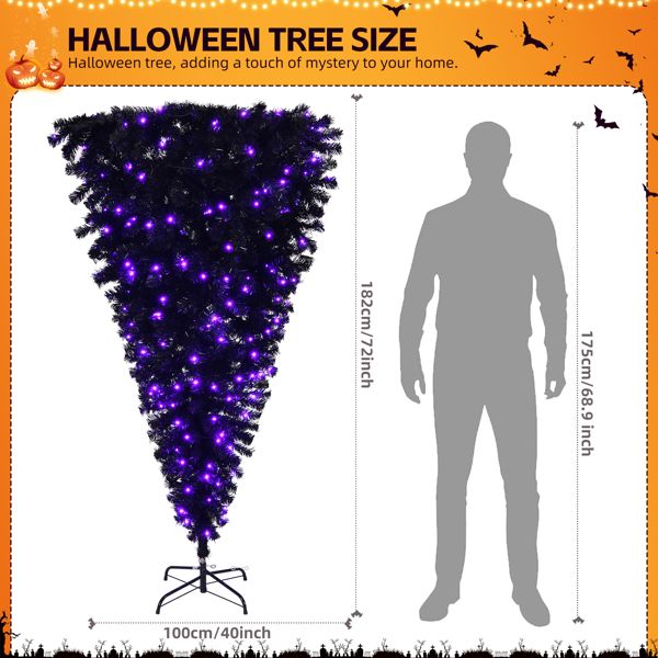 6 FT Pre-Lit Black Upside Down Christmas Tree with Purple Lights & Halloween Ornaments – Unique Holiday Decor for Spooky Festivities 2024